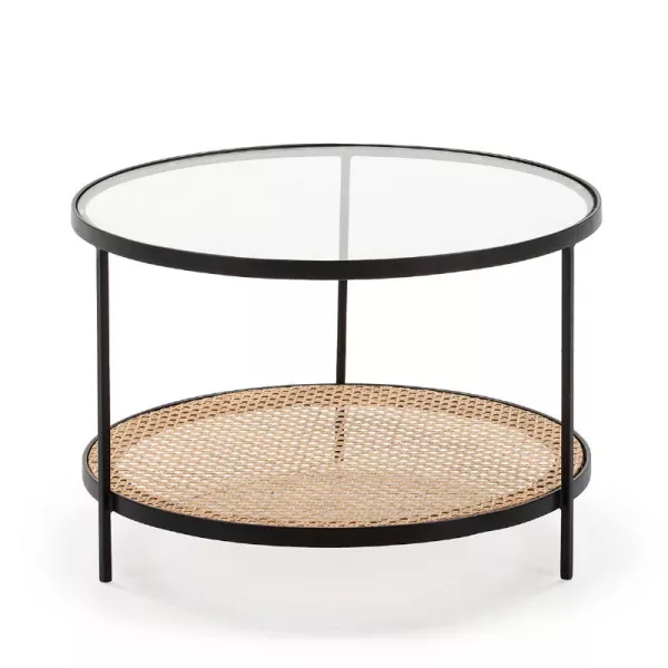 Kaffeetisch 66X66X45 Glas/Rattan/Metall Schwarz mit assoziieren Zeitgenössische Couchtische aus Leder