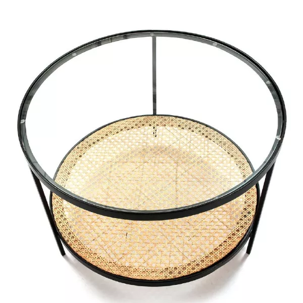 Coffee Table 66X66X45 Glass Rattan Metal Black to associate with Rattan Coffee Tables For A Natural Style