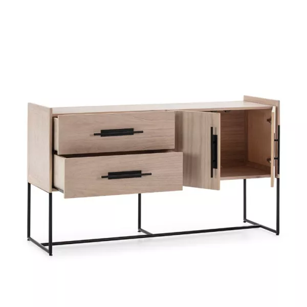 Buffet 2 portes 2 tiroirs 150x46x86 Bois Naturel Métal Noir