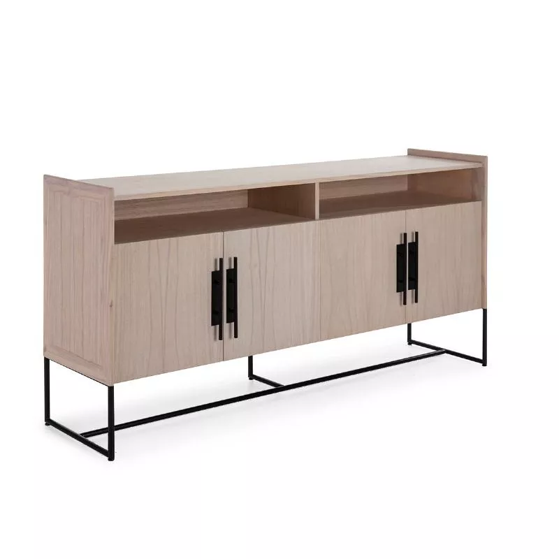 Buffet 4  portes 180x46x94 Bois Naturel Métal Noir