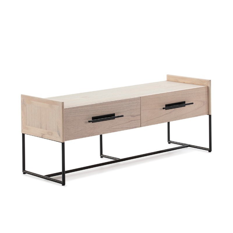 Meuble TV 2 tiroirs 140x45x55 Bois Naturel Métal Noir