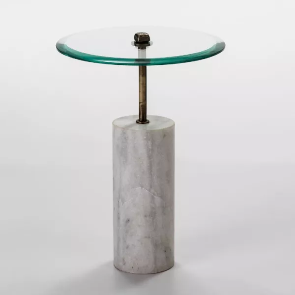 Table d'appoint, bout de canapé 39x39x57 Verre Métal Marbre Blanc