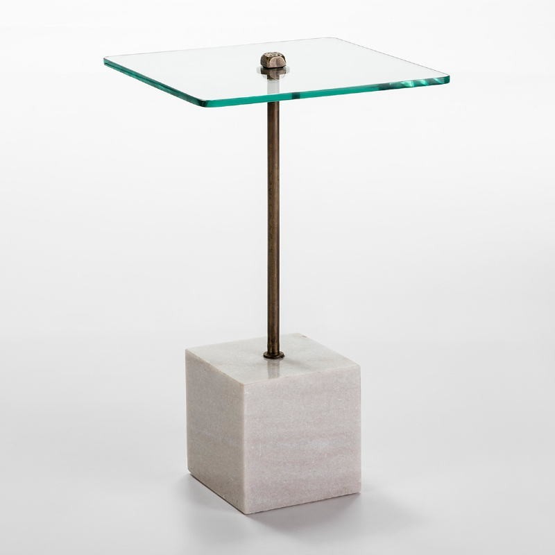 Table d'appoint, bout de canapé 40x40x66 Verre Métal Marbre Blanc