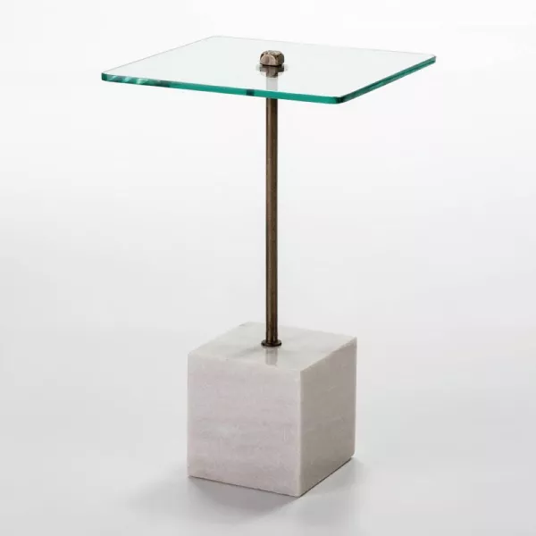 Table d'appoint, bout de canapé 40x40x66 Verre Métal Marbre Blanc