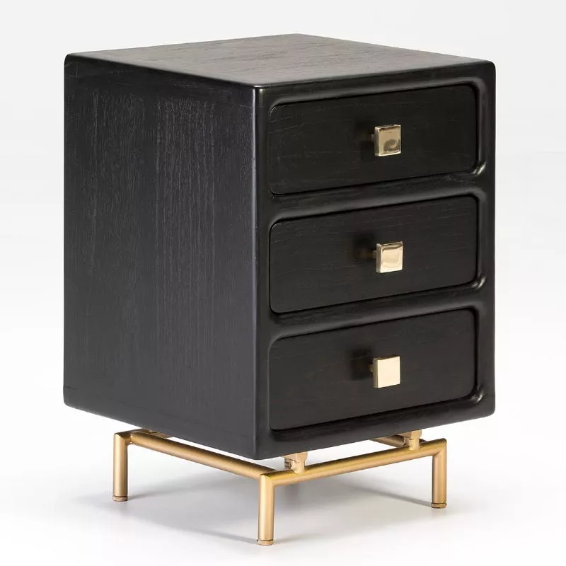 Bedside Table 3 Drawers 42X40X60 Metal Golden Wood Black to associate with Beds Headboard Bedside Valet Comfortable For Office