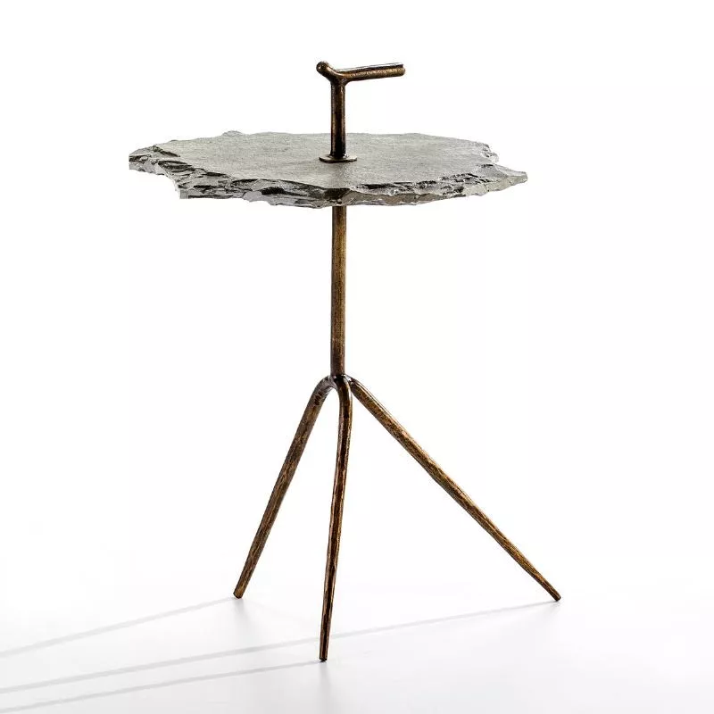 Table d'appoint, bout de canapé 52x48x70 Métal Doré Pierre Gris