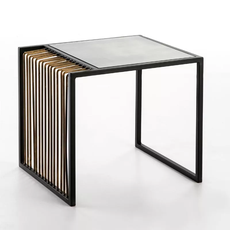 Table d'appoint, bout de canapé 56x48x51 Miroir Vieilli Métal Doré Noir