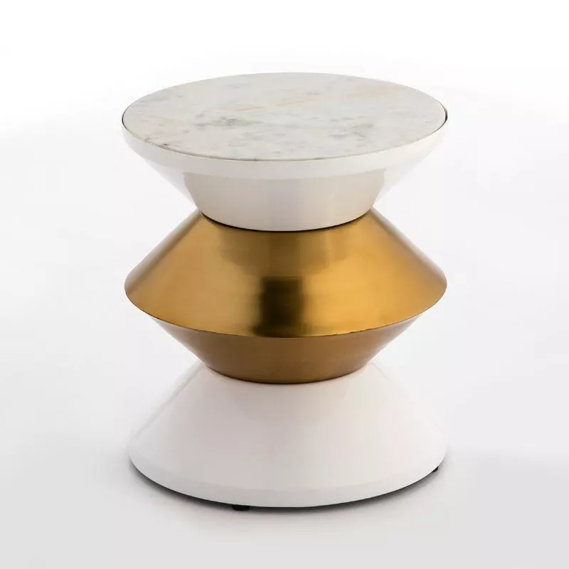 Table d'appoint, bout de canapé 36x36x39 Marbre Blanc Métal Blanc Doré