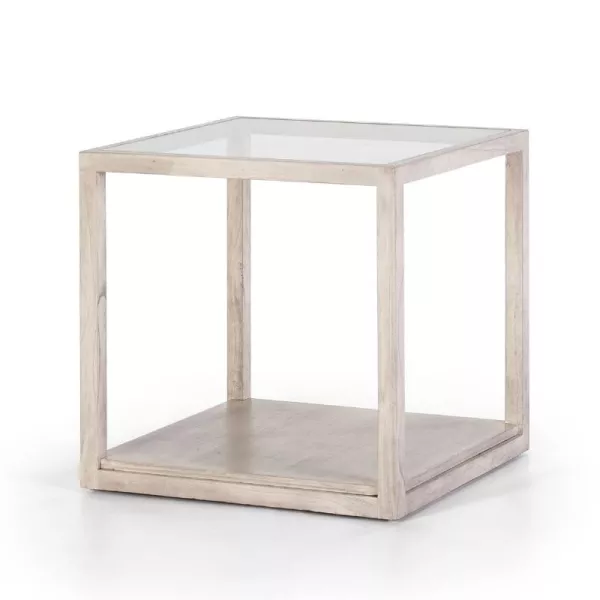 Table d'appoint, bout de canapé 60x60x60 Verre Bois Gris blanchi