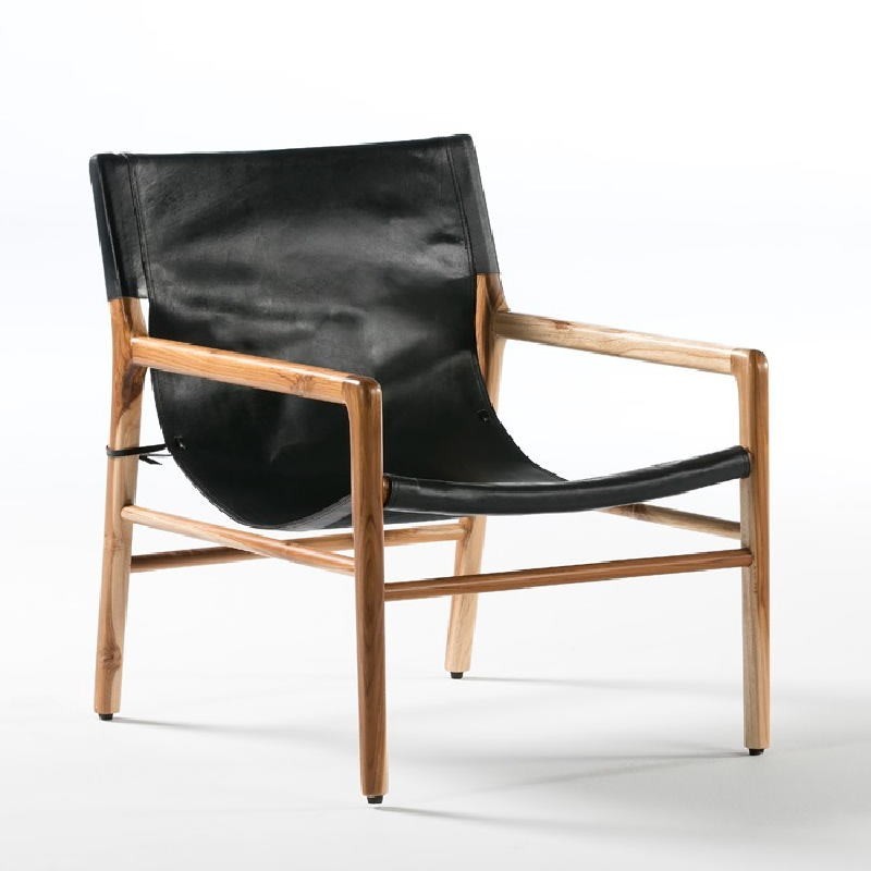 Armchair 66X77X78 Teak Wood Natural Leather Black to associate with Contemporary Leather Armchairs