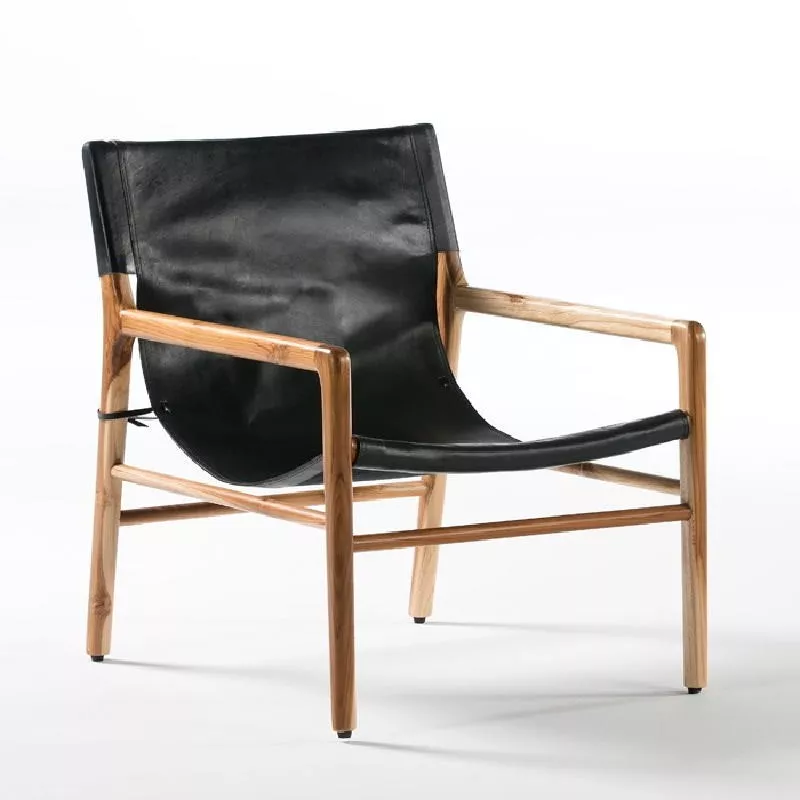 Fauteuil 66x77x78 Bois de Teck Naturel Cuir Noir à associer à Fauteuils Pliantes Pratiques Et Robustes