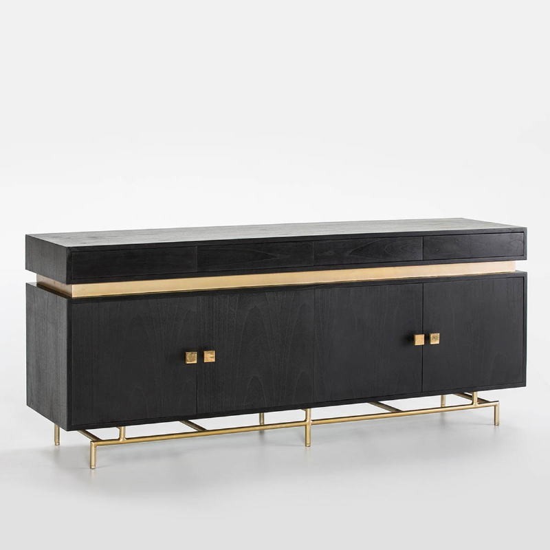 Aparador 4 Puertas 4 Cajones 180X45X75 Madera Negro Metal Oro asociarse con Unidad de almacenamiento tipo buffet, aparador de co