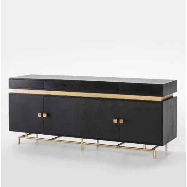 Anrichte 4 Türen 4 Schubladen 180X45X75 Holz/Metall Schwarz/Gold mit assoziieren Rattan-Sideboard-Aufbewahrungseinheit für einen