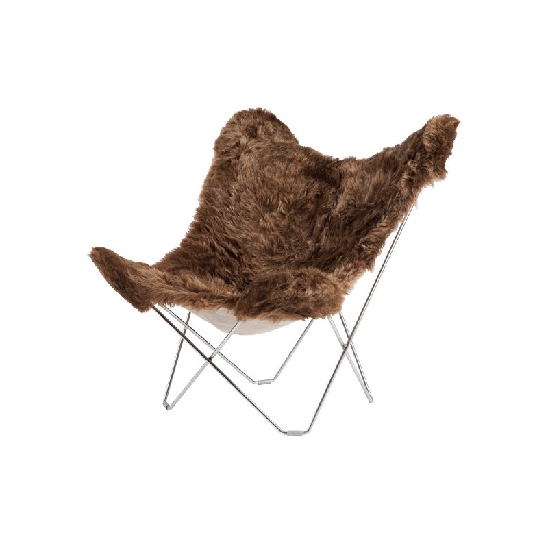 Fauteuil papillon en peau de mouton, poils courts ICELAND MARIPOSA pied chromé (marron)