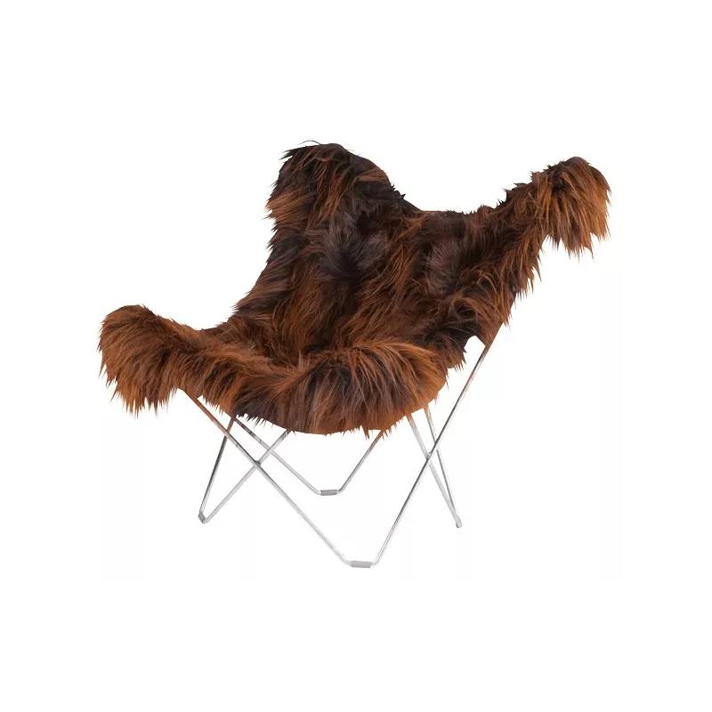 Fauteuil papillon en peau de mouton, poils longs ICELAND MARIPOSA pied chromé (marron)