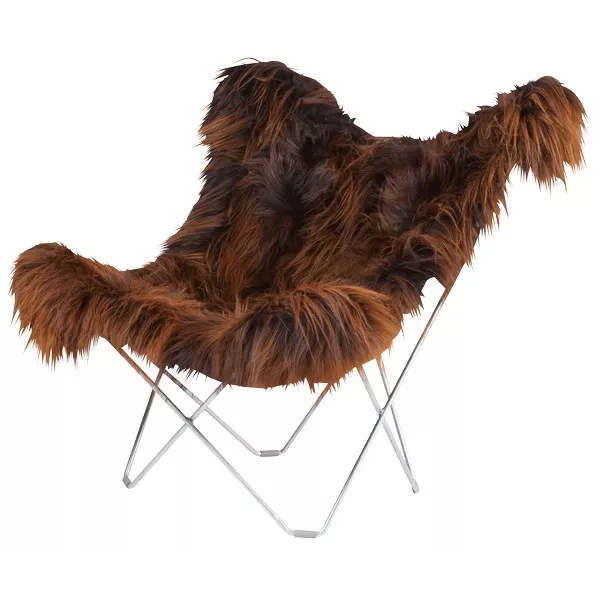 Fauteuil papillon en peau de mouton, poils longs ICELAND MARIPOSA pied chromé (marron)