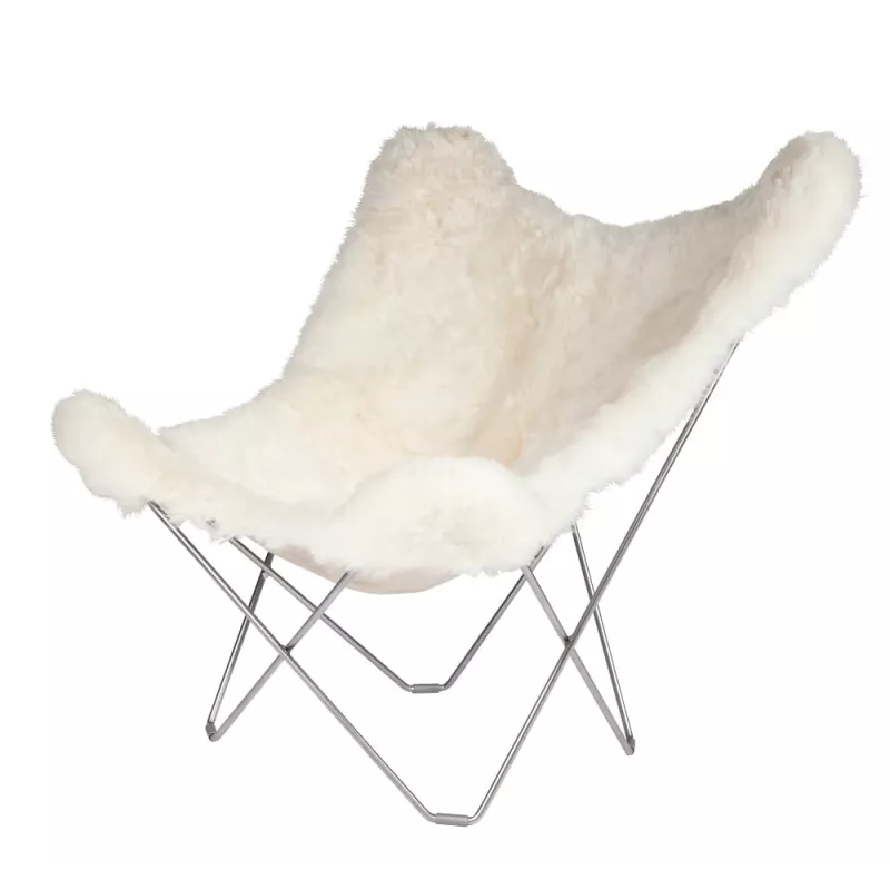 Fauteuil papillon en peau de mouton, poils courts ICELAND MARIPOSA pied chromé (blanc)