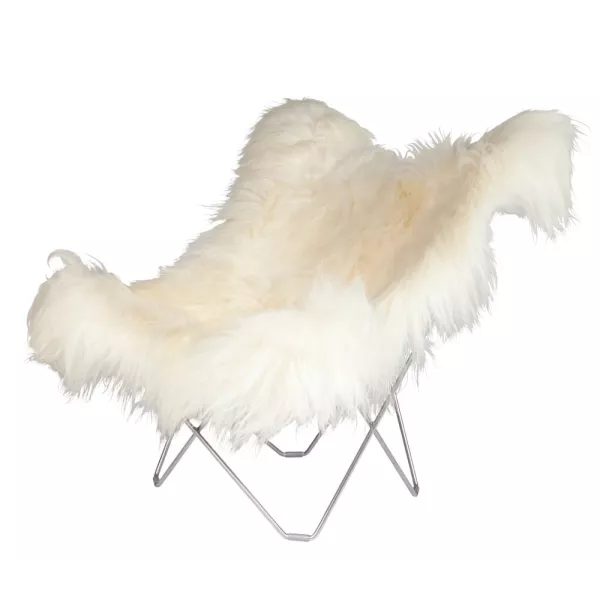 Fauteuil papillon en peau de mouton, poils longs ICELAND MARIPOSA pied chromé (blanc)