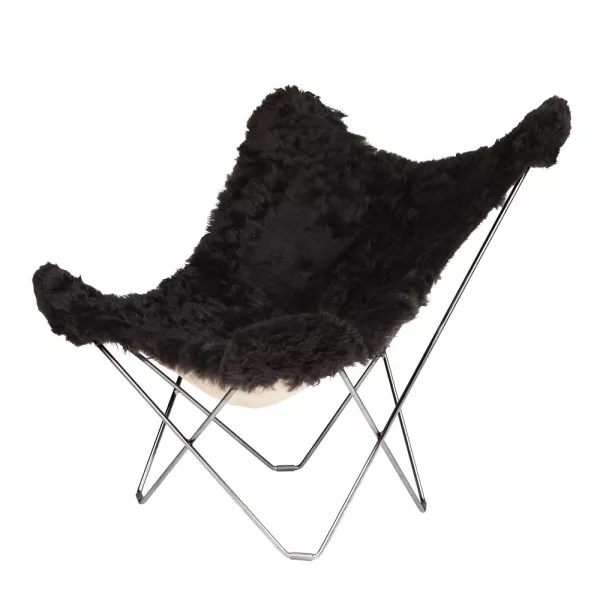 Fauteuil papillon en peau de mouton, poils courts ICELAND MARIPOSA pied chromé (noir)