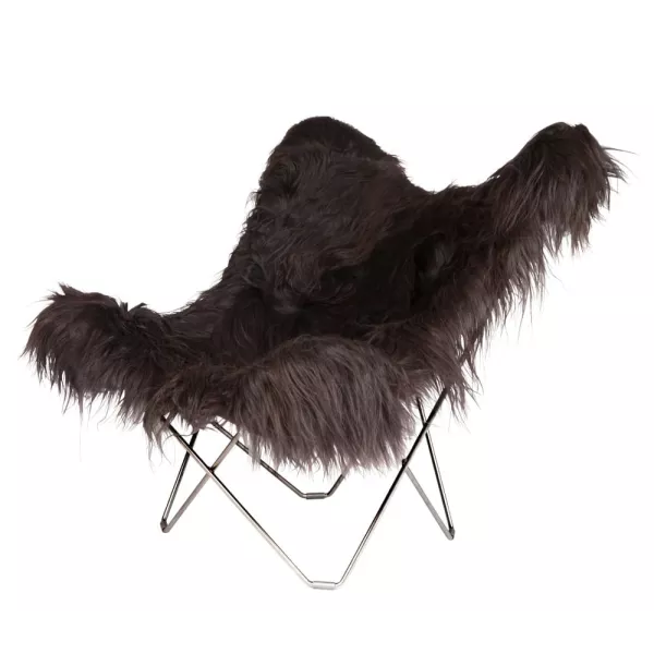 Fauteuil papillon en peau de mouton, poils longs ICELAND MARIPOSA pied chromé (noir)