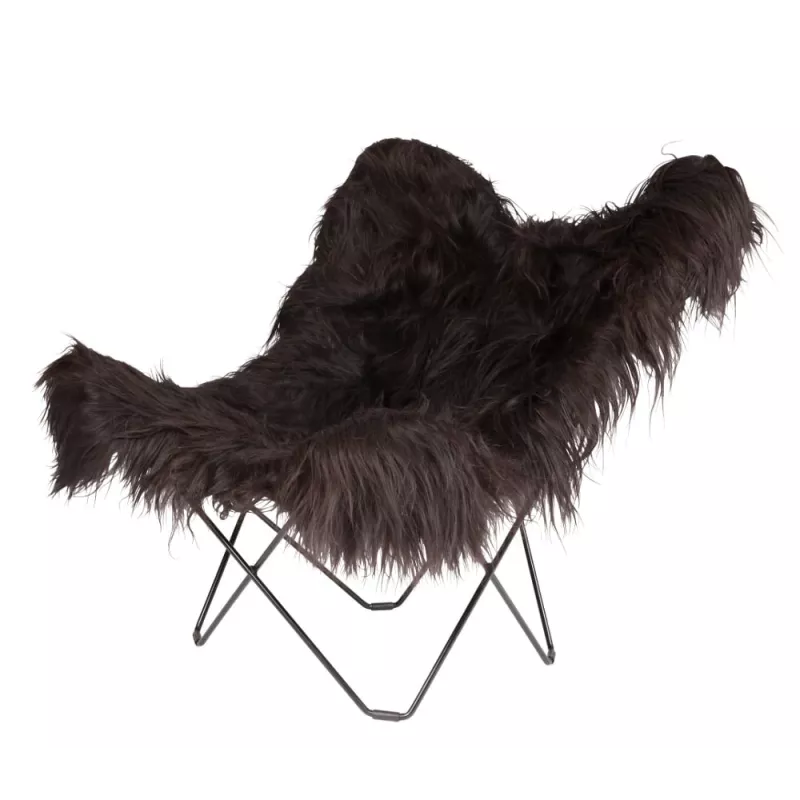 Fauteuil papillon en peau de mouton, poils longs ICELAND MARIPOSA pied métal noir (noir)