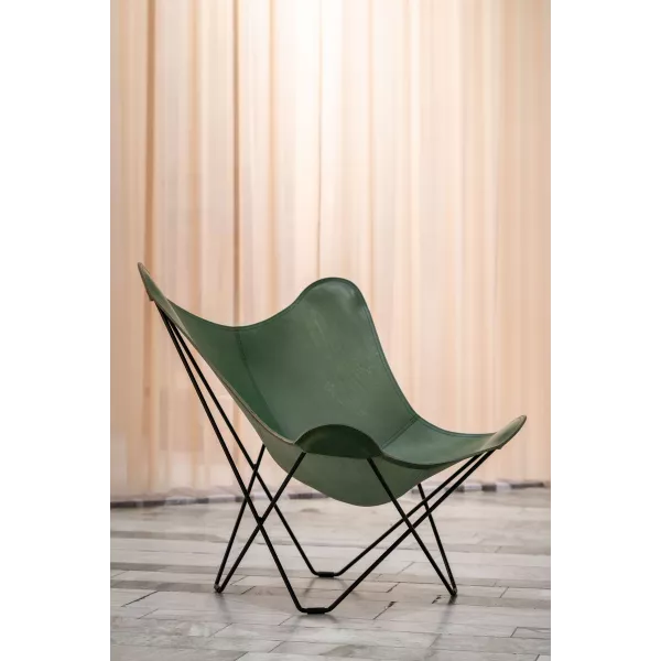 Fauteuil papillon en cuir italien PAMPA MARIPOSA pied métal noir (vert)