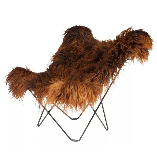 Fauteuil papillon en peau de mouton, poils longs ICELAND MARIPOSA pied métal noir (marron)