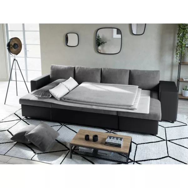 Canapé convertible 6 places tissu PU microfibre Niche à droite KATIA Gris, noir