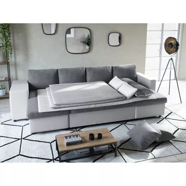 Canapé convertible 6 places tissu PU microfibre Niche à gauche KATIA Gris, blanc