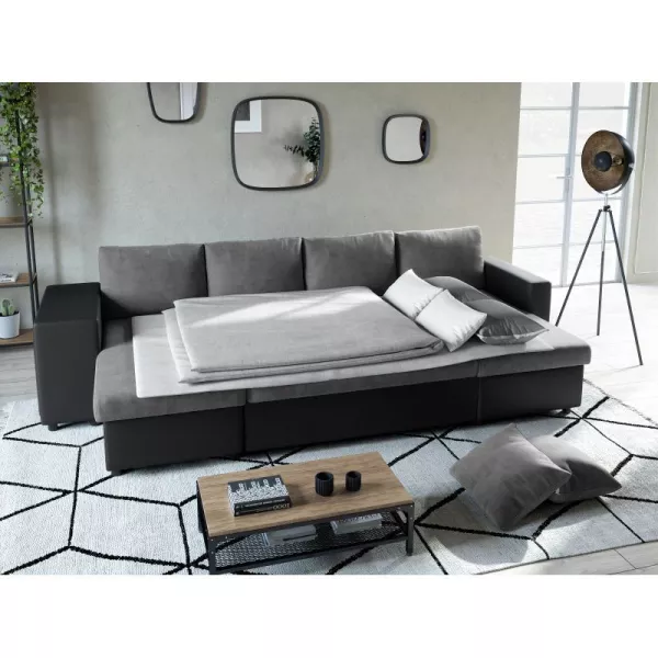 Canapé convertible 6 places tissu PU microfibre Niche à gauche KATIA Gris, noir