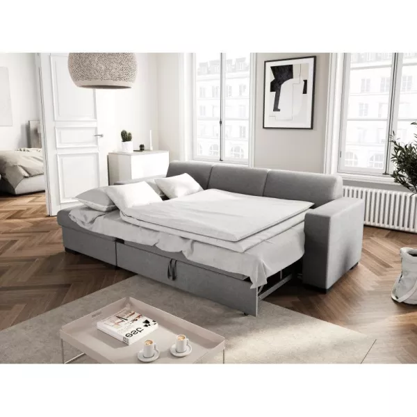 Canapé d'angle convertible 4 places tissu Angle Gauche CARIBI (Gris clair)