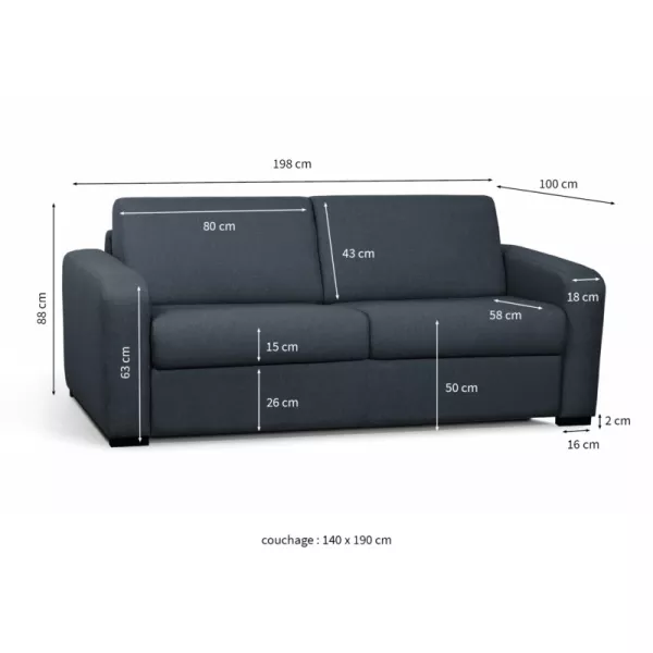 Canapé convertible 3 places tissu Matelas 160 cm LANDIN (Bleu foncé)