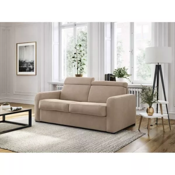  Canapé convertible 3 places tissu têtière CAROLE (Beige)