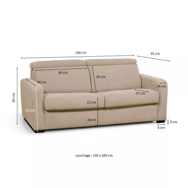  Canapé convertible 3 places tissu têtière CAROLE (Beige)