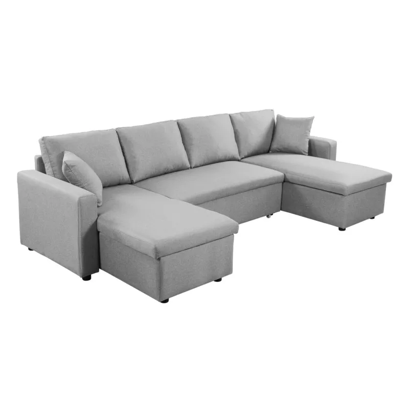 Umwandelbares Ecksofa 6 Plätze RAPHY Stoff (Hellgrau) mit assoziieren Vintage-Sofas und umwandelbare Sofas für einen Retro-Touch