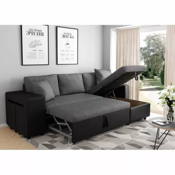 Canapé d'angle convertible microfibre et simili Niche à Gauche BENTO (Gris, noir)