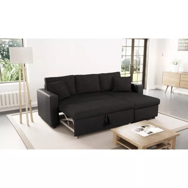 Canapé d'angle convertible 3 places simili et microfibre AMARO (Noir)