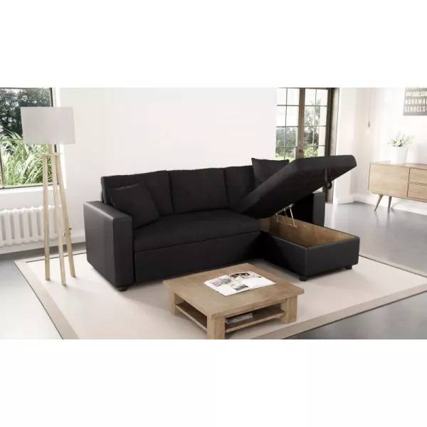 Canapé d'angle convertible 3 places simili et microfibre AMARO (Noir)