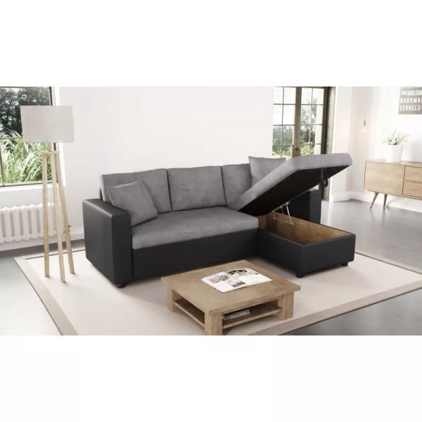 Canapé d'angle convertible 3 places simili et microfibre AMARO (Gris, noir)