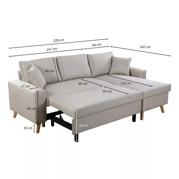 Canapé d'angle convertible 4 places avec coffre tissu ARTIKU (Beige)