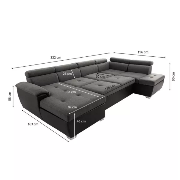 Panorama-Schlafsofa 6 Plätze Stoff und Imitation PARMA (Grau, schwarz) mit assoziieren Sofas und umwandelbare Sofas für das Essz