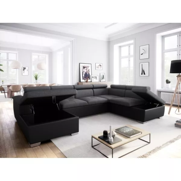 Panorama-Schlafsofa 6 Plätze Stoff und Imitation PARMA (Grau, schwarz) mit assoziieren Funktionelle und stilvolle Küchensofas un