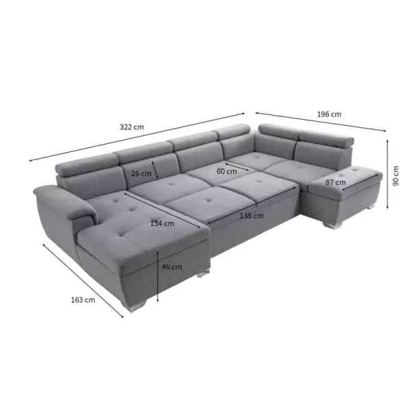 Canapé d'angle convertible 6 places tissu Angle Droit PARMA (Gris)