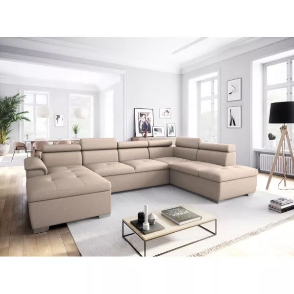 Umwandelbares Ecksofa 6 Plätze Stoff Rechtwinklig PARMA (Beige) mit assoziieren Wetterfeste umwandelbare Gartensofas und Sofas