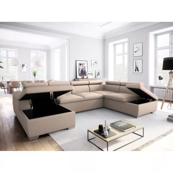 Umwandelbares Ecksofa 6 Plätze Stoff Rechtwinklig PARMA (Beige) mit assoziieren Bequeme Cabrio-Sofas und Sofas für das Büro