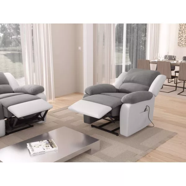 Fauteuil de relaxation électrique avec releveur en microfibre et simili SHANA (Gris, blanc) à associer à Fauteuils Confortables 