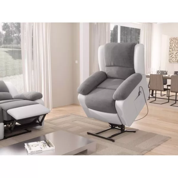 Fauteuil de relaxation électrique avec releveur en microfibre et simili SHANA (Gris, blanc) à associer à Fauteuils Empilables Po