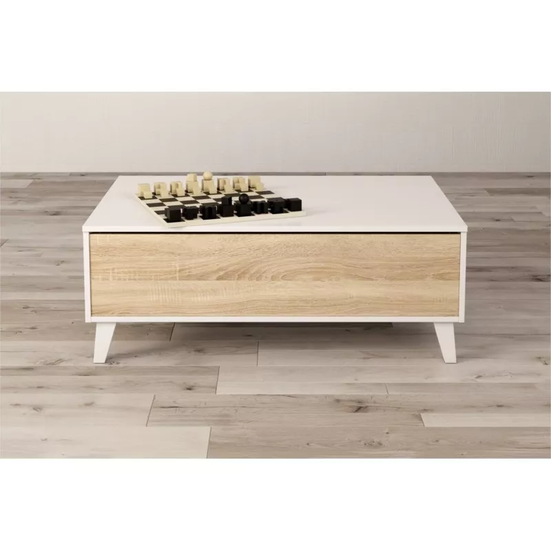 Table basse avec panneau central relevable L100xP68 cm VESON (Blanc, chêne)