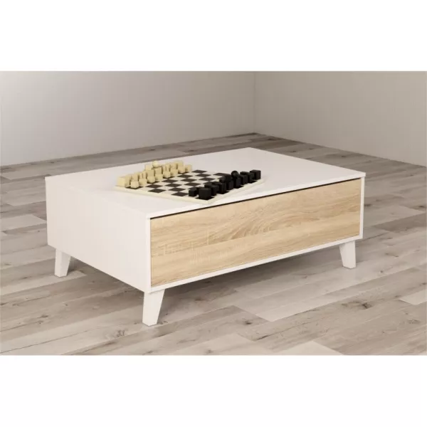 Table basse avec panneau central relevable L100xP68 cm VESON (Blanc, chêne)