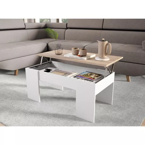 Table basse avec plateau relevable ARKHAM (Blanc, bois)